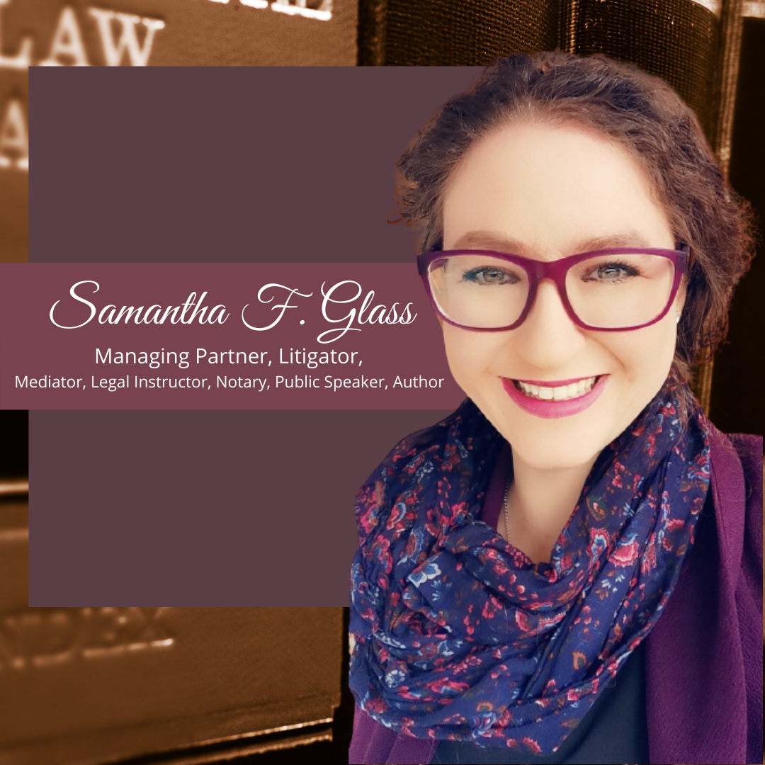 Samantha Glass Litigation Paralegal wearing glasses in a library